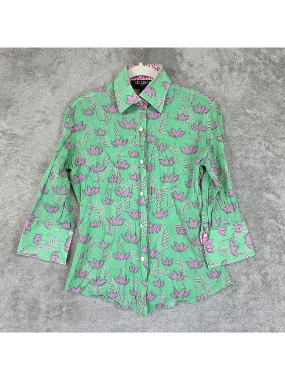 Liz Logie Button Up Shirt Womens 4 Green Floral 3/4 Sleeve Cotton Made In USA